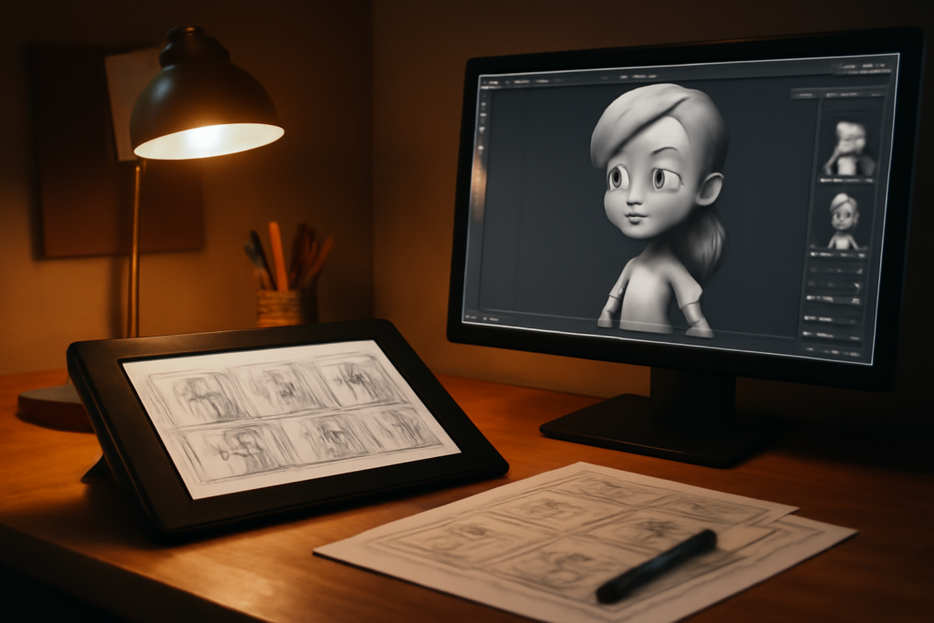 Meja kerja studio animasi dengan tablet gambar dan monitor berisi model karakter 3D