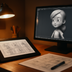 Meja kerja studio animasi dengan tablet gambar dan monitor berisi model karakter 3D