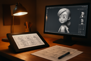 Meja kerja studio animasi dengan tablet gambar dan monitor berisi model karakter 3D