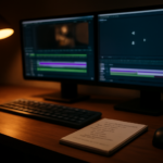 Meja kerja editing dengan dua monitor menampilkan timeline video dan proses compositing efek visual
