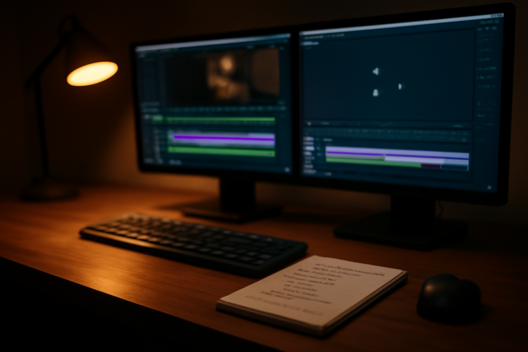 Meja kerja editing dengan dua monitor menampilkan timeline video dan proses compositing efek visual