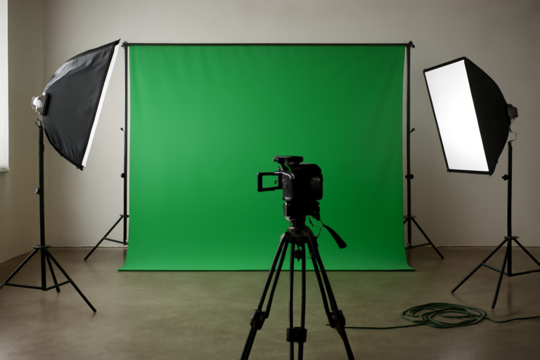 Set studio dengan layar kain hijau dan dua lampu softbox untuk produksi film