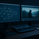 Meja kerja compositor dengan dua monitor menampilkan node graph dan frame film yang sedang digabungkan
