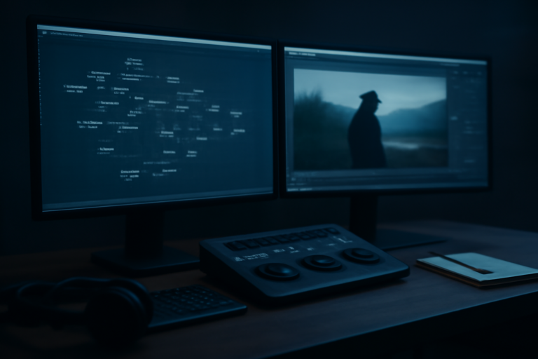 Meja kerja compositor dengan dua monitor menampilkan node graph dan frame film yang sedang digabungkan