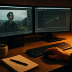 Stasiun kerja compositor dengan monitor menampilkan proses motion tracking pada frame film
