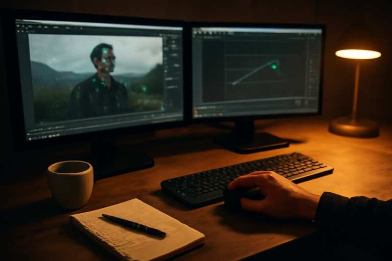 Stasiun kerja compositor dengan monitor menampilkan proses motion tracking pada frame film