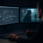 Compositor bekerja di workstation dengan monitor menampilkan node graph dan plate film