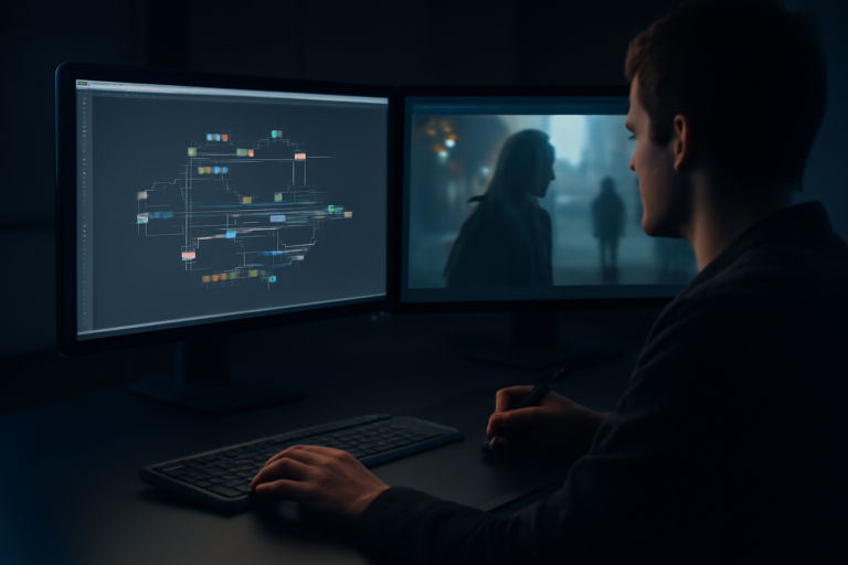 Compositor bekerja di workstation dengan monitor menampilkan node graph dan plate film
