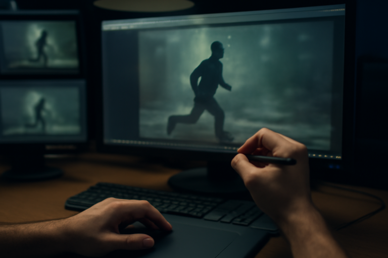 Seniman efek visual menggambar masking rotoscoping di layar komputer