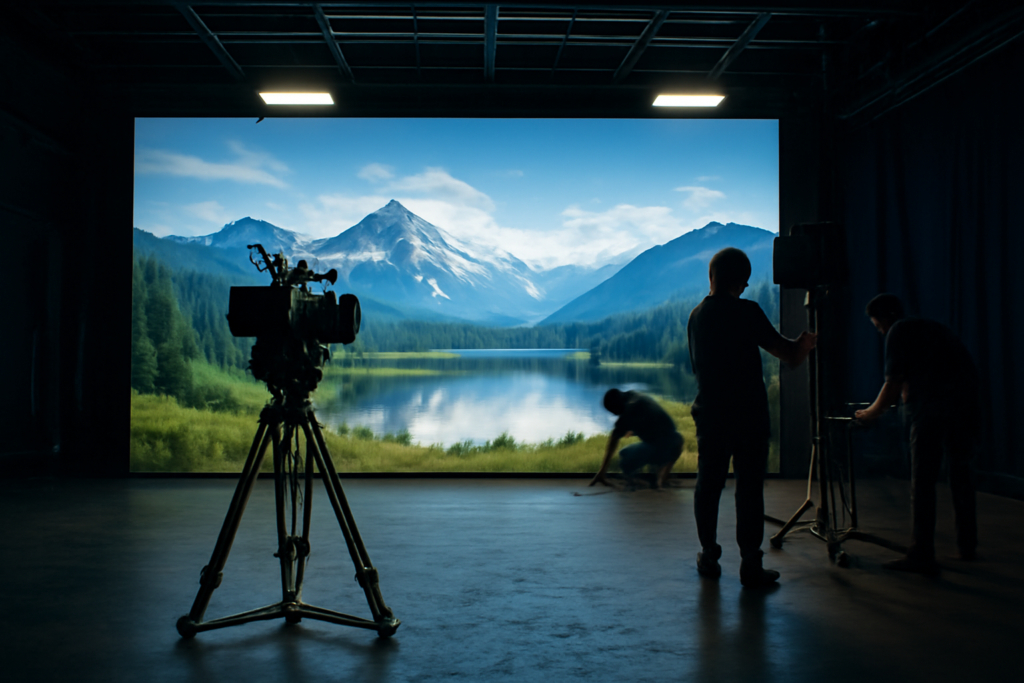 Panggung LED volume untuk produksi film dengan kamera dan latar digital