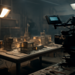 Set miniatur kota di meja workshop dengan rig kamera motion control untuk produksi efek visual