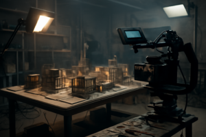 Set miniatur kota di meja workshop dengan rig kamera motion control untuk produksi efek visual
